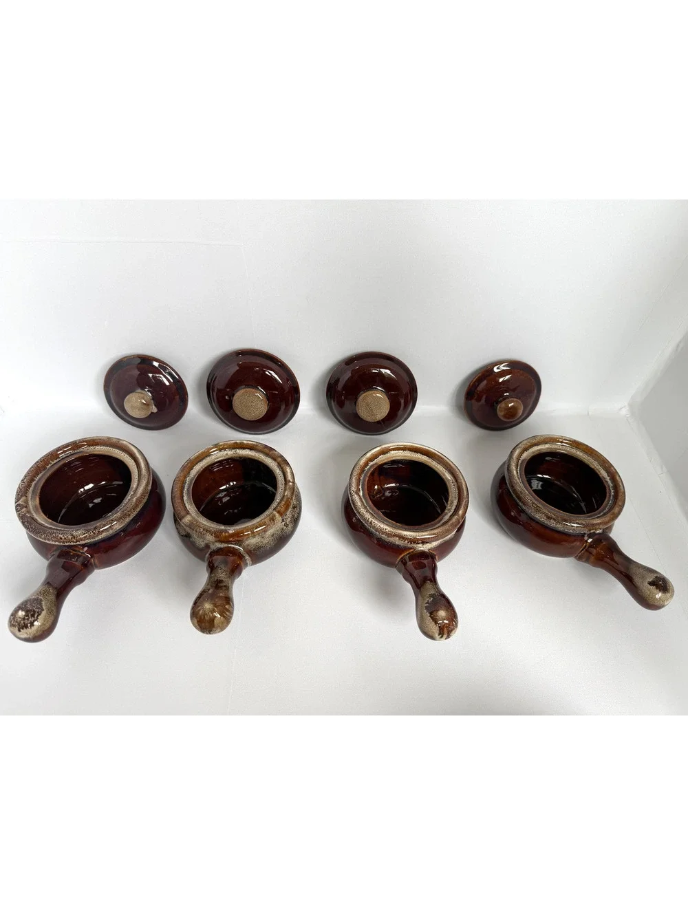 Set of 4 Vintage Brown Ceramic Sauce Pans with Lids
